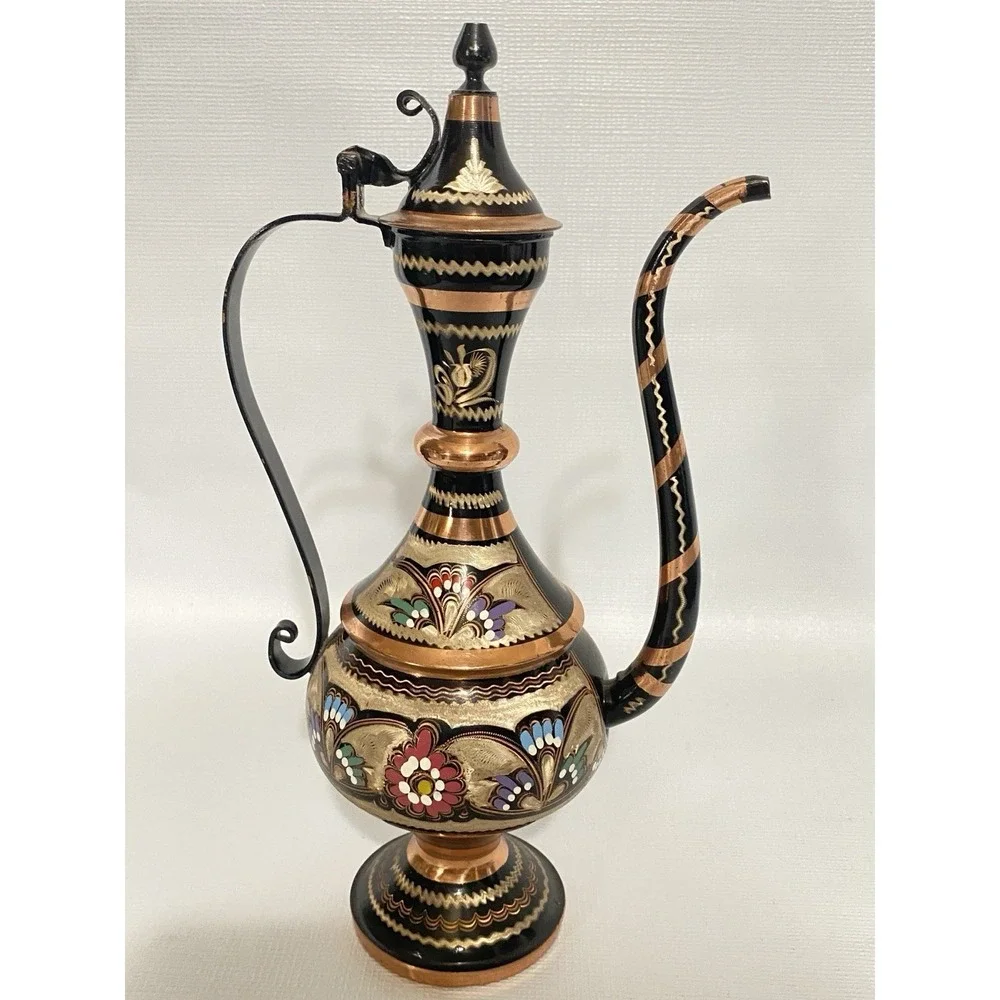 Vintage Ibrik Copper Ewer Pitcher Hand Painted Floral‎ Gold Coffee Tea